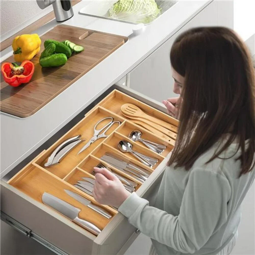 Expandable bamboo silverware drawer organizer large utensil flatware cutlery tra